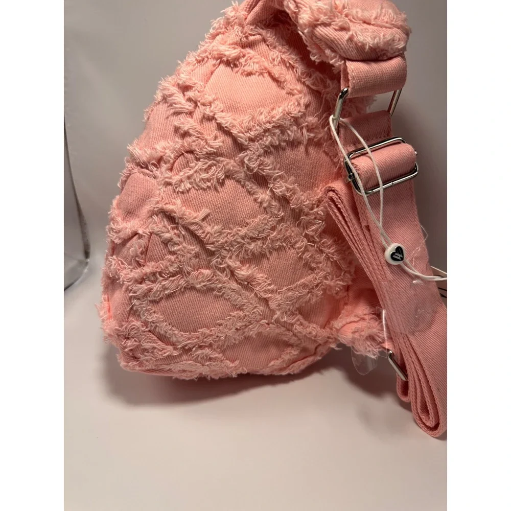 Wildfox Pink Denim Frayed Diamond Quilted Sling Backpack Bag New